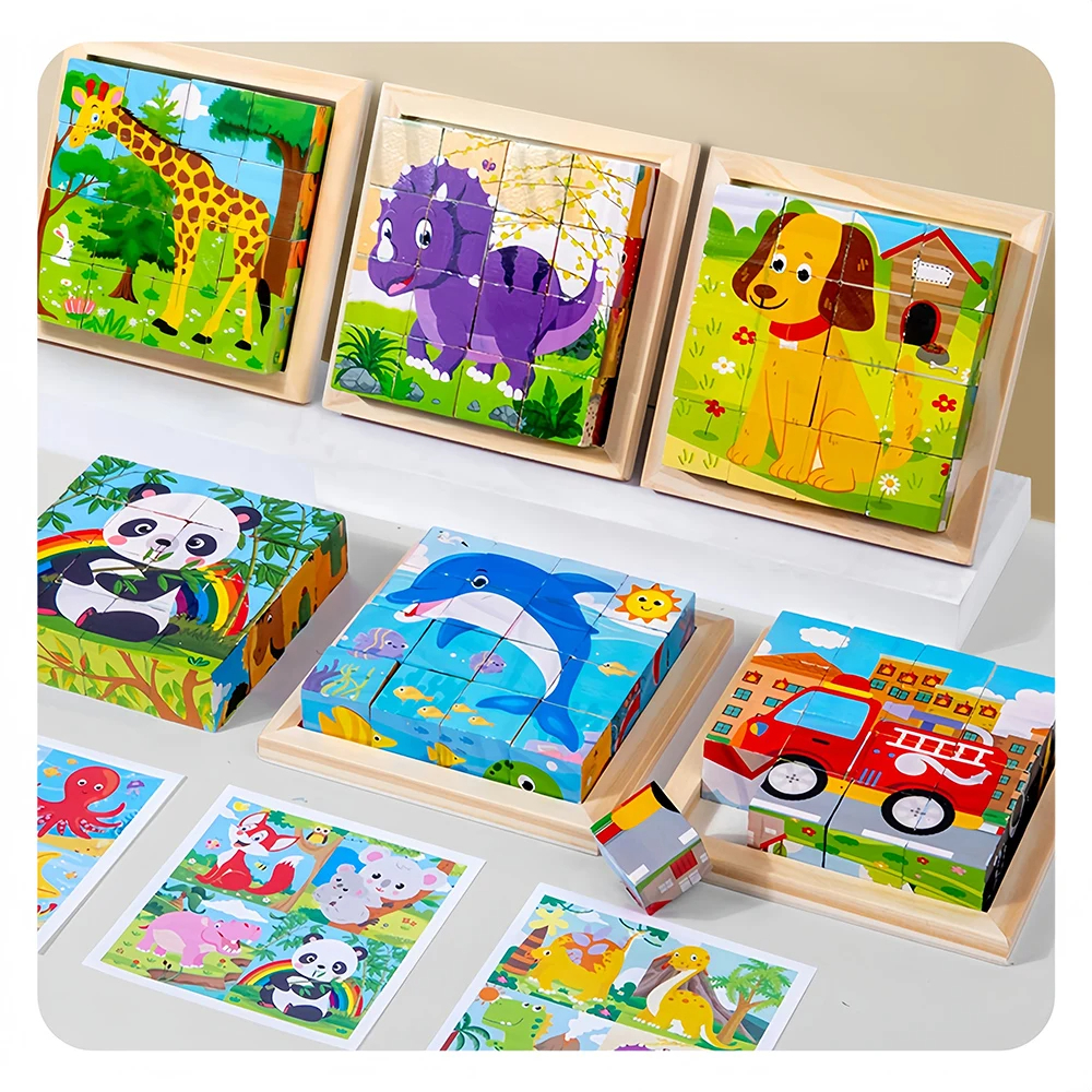 6-Piece Unisex 3D Puzzle Cube 6-in-1 Farm Animal Dino Jungle Wooden Block Tray Cartoon Toy Children Aged 3+ Years