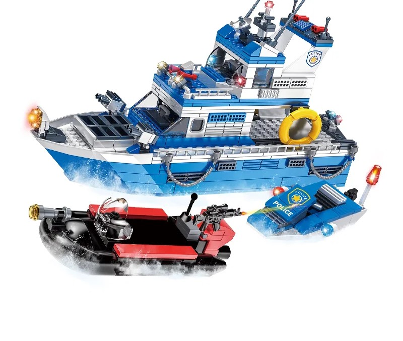 Police Coastal Patrol Boat Ship Kid Building Blocks Toy Brick Set for Child