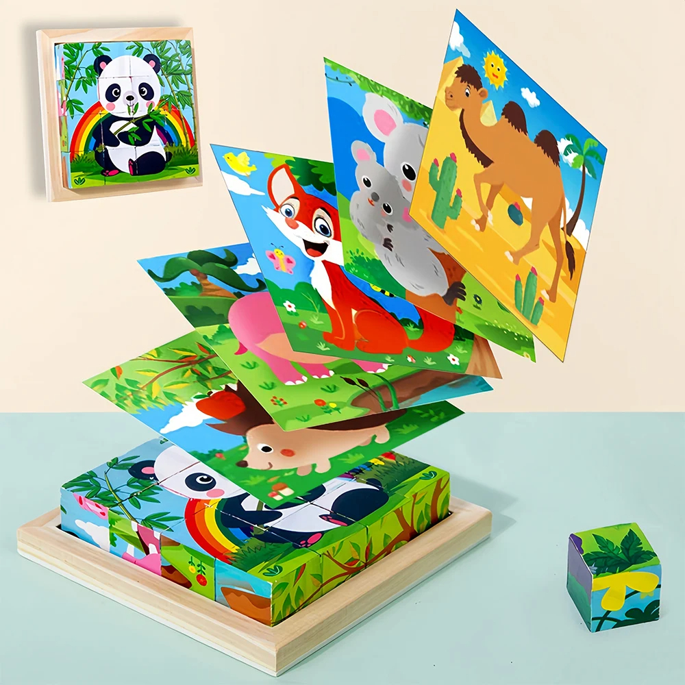 6-Piece Unisex 3D Puzzle Cube 6-in-1 Farm Animal Dino Jungle Wooden Block Tray Cartoon Toy Children Aged 3+ Years - Image 2