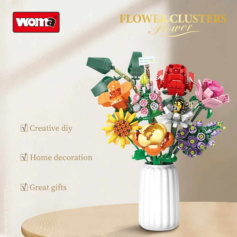 Assemble 8 Flower Brick Bouquet Flower Building Blocks Set Toy With Rose - Image 3