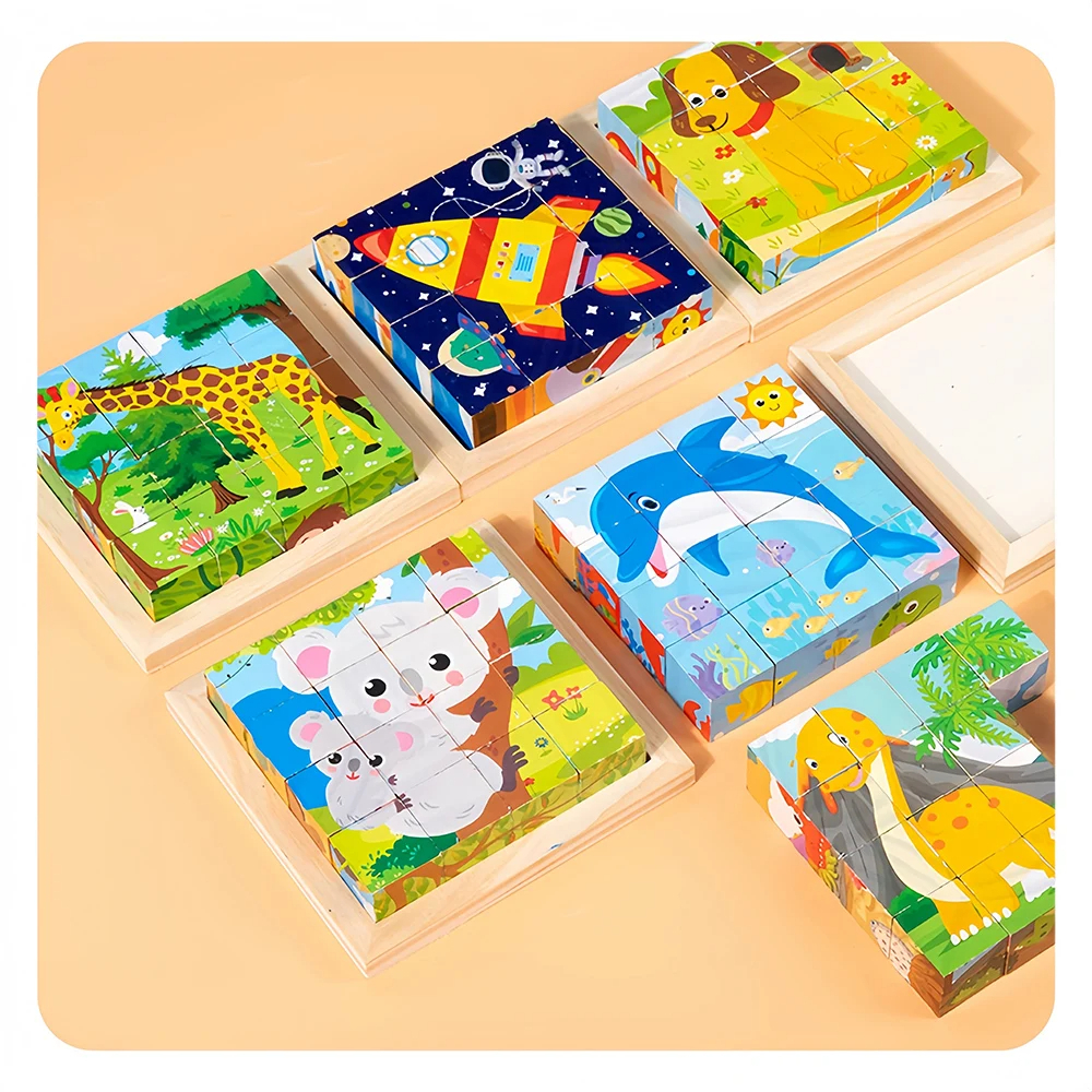 6-Piece Unisex 3D Puzzle Cube 6-in-1 Farm Animal Dino Jungle Wooden Block Tray Cartoon Toy Children Aged 3+ Years - Image 4