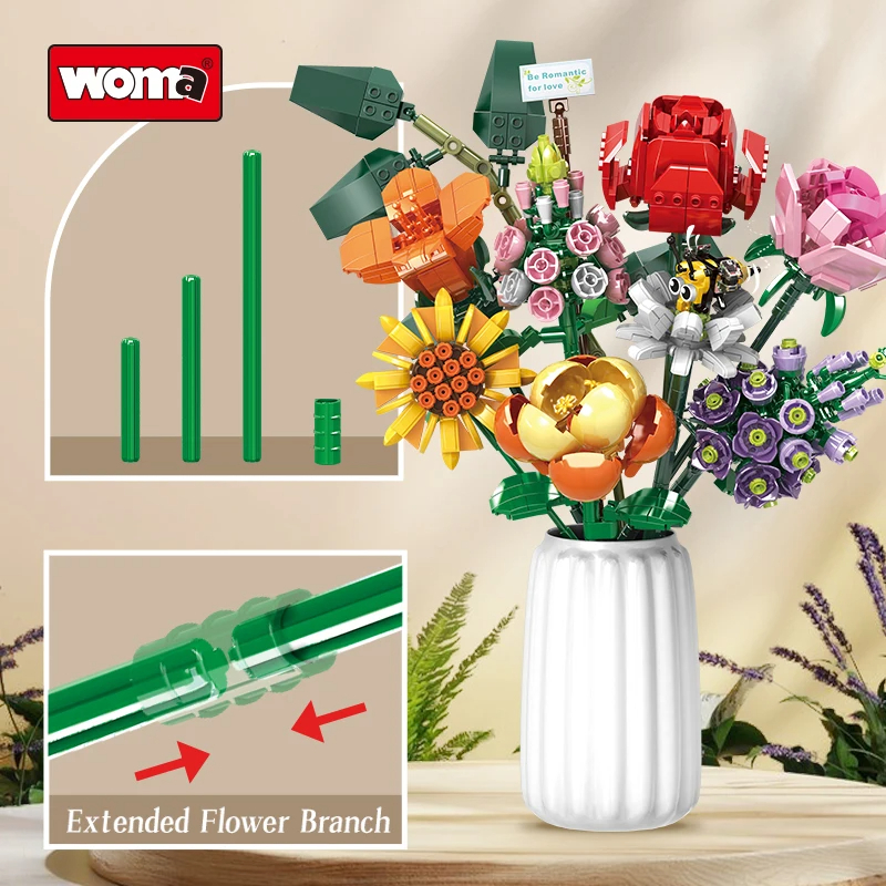Assemble 8 Flower Brick Bouquet Flower Building Blocks Set Toy With Rose - Image 5