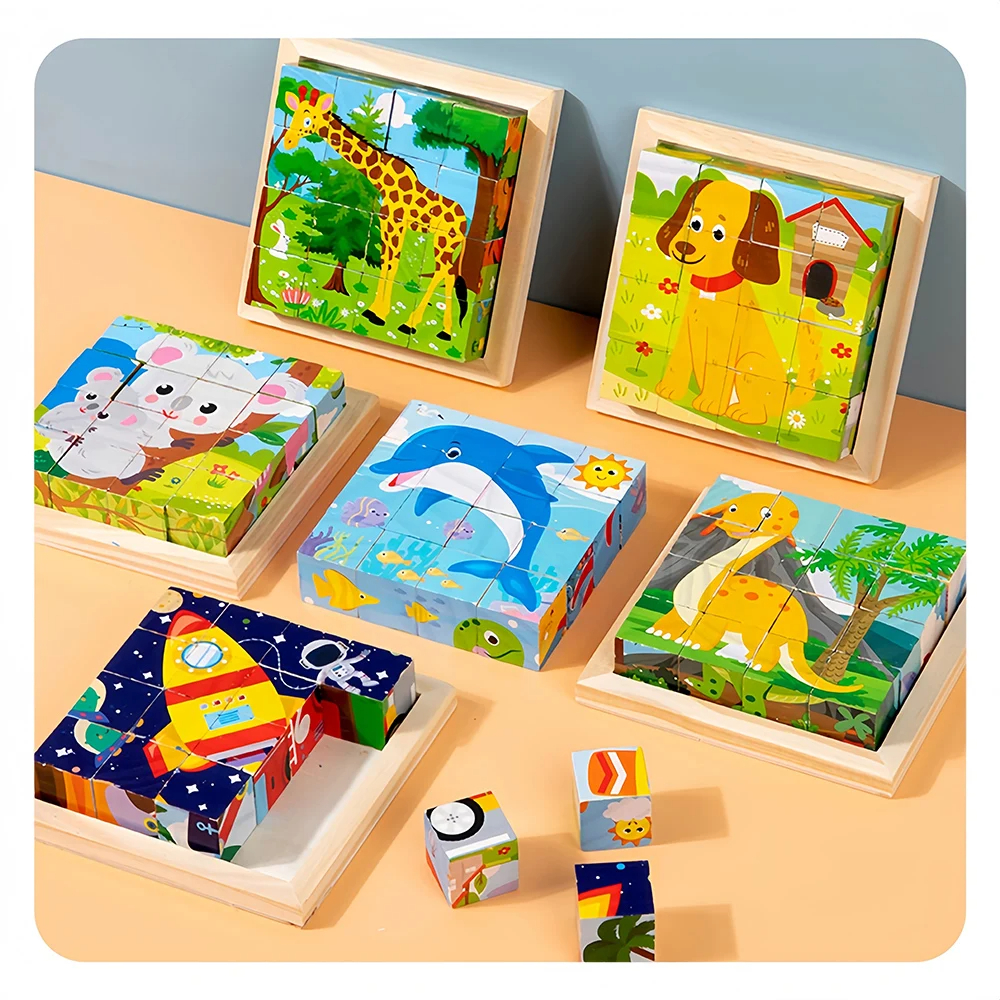6-Piece Unisex 3D Puzzle Cube 6-in-1 Farm Animal Dino Jungle Wooden Block Tray Cartoon Toy Children Aged 3+ Years - Image 5