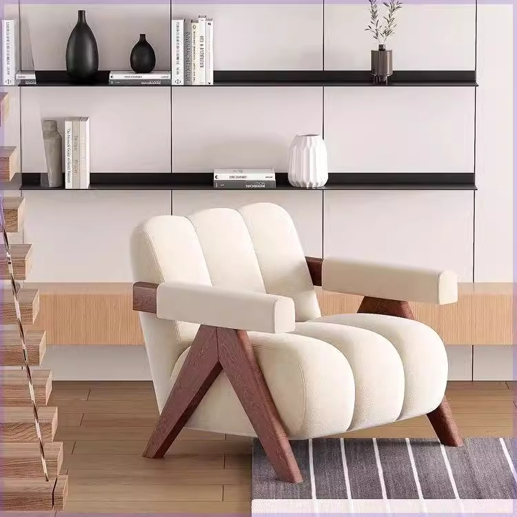 Modern Casual Single Sofa Chair Cream Solid Wood with Leather Cushion Designed for Office Balcony & Living Room Lazy Casual Seat - Image 4